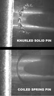 Metallischer Schmutz und Schäden der Baugrupe mit gerändelten Zylinderstiften gegenüber sauberer Installation mit Spiralspannstiften.