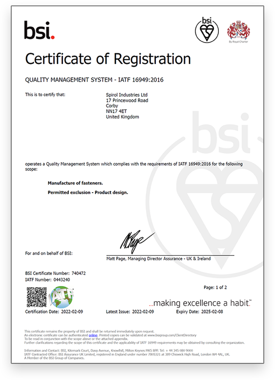 IATF 16949 Zertifizierung von SPIROL UK
